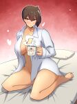  1girl absurdres breasts brown_eyes brown_hair collarbone collared_shirt cup highres holding holding_cup kaga_(kancolle) kantai_collection large_breasts long_hair long_sleeves mug naked_shirt open_clothes open_shirt osora_(judithandlilith) shirt short_sidetail side_ponytail sitting solo white_shirt 