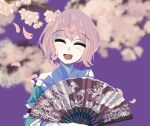  1girl :d arm_garter blue_kimono blurry blurry_background blush branch cherry_blossoms closed_eyes commentary english_commentary eyebrows_visible_through_hair goshoguruma hand_fan holding holding_fan japanese_clothes kimono no_hat no_headwear open_mouth petals pink_hair purple_background saigyouji_yuyuko saigyouji_yuyuko&#039;s_fan_design shippou_(pattern) short_hair smile solo svenojilasity touhou upper_body 