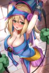  1girl 1other absurdres arms_up bangs blonde_hair blurry blurry_foreground blush bound bound_wrists breasts chain cleavage colored_skin dark_magician_girl enishi96 eyebrows_visible_through_hair green_eyes green_skin hat highres holding large_breasts long_hair pov riding_crop solo star_(symbol) sweat tears wizard_hat yu-gi-oh! 