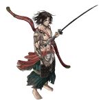  1boy absurdres ashina_genichirou barefoot black_hair bow_(weapon) closed_mouth hakama hakama_pants highres holding holding_sword holding_weapon japanese_clothes katana looking_at_viewer male_focus pants red_eyes sekiro:_shadows_die_twice simple_background solo ssanghwa_tang1 sword toenails toes waist_cape weapon white_background 