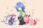  &lt;3 armor blue_body blue_fur blue_hair canid canine canis cardfight!!_vanguard clothed clothing female feral flogal fur group hair holding_paws human karakurenai male mammal pet pink_armor pink_body pink_fur pink_hair red_scarf scarf sendou_aichi tail_motion tailwag wingal wings_on_head 