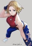  1girl absurdres bangs bare_shoulders blonde_hair blue_eyes blue_mary breasts crop_top fatal_fury highres kagematsuri large_breasts looking_at_viewer smile solo the_king_of_fighters 