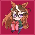  1girl animal_ears bangs blush border box brown_footwear chibi closed_mouth desuchi earrings full_body gift gift_box glasses green_sweater holding holding_box horse_ears horse_girl horse_tail jewelry long_hair looking_at_viewer multicolored_hair purple_eyes purple_legwear purple_skirt red_background school_uniform single_earring sitting skirt smile solo sweater symboli_rudolf_(umamusume) tail thighhighs tracen_school_uniform umamusume 