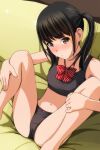  1girl absurdres ass bangs bare_arms bare_legs black_bra black_hair black_panties blush bow bow_panties bra brown_hair eyebrows_visible_through_hair hands_on_own_legs highres looking_at_viewer matsunaga_kouyou medium_hair navel original panties parted_lips red_neckwear short_twintails sidelocks sitting solo spread_legs training_bra twintails underwear 