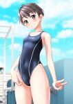  1girl absurdres black_hair black_swimsuit blue_sky blurry blurry_background breasts brown_eyes cameltoe clothes_writing cloud commentary_request competition_swimsuit covered_navel cowboy_shot grin highleg highleg_swimsuit highres one-piece_swimsuit original short_hair sky small_breasts smile solo striped striped_swimsuit swimsuit takafumi v 
