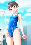  1girl absurdres black_hair blue_sky blue_swimsuit blurry blurry_background breasts brown_eyes cameltoe clothes_writing cloud commentary_request competition_swimsuit covered_navel cowboy_shot grin highleg highleg_swimsuit highres one-piece_swimsuit original short_hair sky small_breasts smile solo striped striped_swimsuit swimsuit takafumi v 