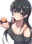  1girl agano_(kancolle) alternate_costume bare_shoulders black_hair black_sweater blush bra_strap breasts cleavage closed_mouth collarbone commentary_request dyson_(edaokunnsaikouya) flying_sweatdrops food frown green_eyes holding holding_food kantai_collection large_breasts long_hair long_sleeves looking_at_viewer off-shoulder_sweater off_shoulder ribbed_sweater solo sweater sweet_potato tears upper_body white_background yakiimo 
