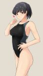  1girl amagami beige_background black_eyes black_hair black_swimsuit breasts competition_swimsuit cowboy_shot highres looking_at_viewer medium_breasts multicolored_clothes multicolored_swimsuit one-piece_swimsuit ponytail short_hair simple_background solo standing swimsuit tsukahara_hibiki ykh1028 