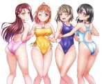  4girls ass black_hair blue_eyes blue_swimsuit breasts commentary_request commission competition_swimsuit grey_hair highres long_hair love_live! love_live!_sunshine!! medium_breasts mibushiro multiple_girls one-piece_swimsuit orange_eyes orange_hair pink_swimsuit purple_eyes red_eyes sakurauchi_riko short_hair swimsuit takami_chika watanabe_tsuki watanabe_you white_swimsuit yellow_swimsuit 