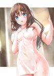  1girl :o after_bathing ass_visible_through_thighs blue_eyes blurry blurry_background blush breasts brown_hair collarbone commentary_request covering cowboy_shot depth_of_field dripping hand_on_own_chest highres indoors kyariko looking_at_viewer medium_breasts multicolored_hair nude_cover open_mouth orange_hair original sideboob solo streaked_hair towel two-tone_hair water_drop wet 