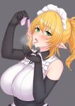  1girl bangs bare_shoulders black_gloves blonde_hair blush breasts condom cum cum_in_mouth cum_on_clothes cum_on_tongue drinking_from_condom elbow_gloves elf etan14 eyebrows_visible_through_hair frilled_shirt frills gloves green_eyes grey_background highres holding holding_condom large_breasts long_hair looking_at_viewer maid maid_headdress open_mouth original pointy_ears ponytail shirt simple_background sleeveless sleeveless_shirt solo steam tongue tongue_out upper_body used_condom white_shirt 