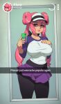  1girl absurdres breasts cellphone cosplay curvy double_bun eyeshadow hat highres klara_(pokemon) large_breasts lipstick makeup mole mole_under_mouth nail_polish phone pink_hair pink_nails pokemon purple_eyes riz rosa_(pokemon) rosa_(pokemon)_(cosplay) shirt shorts solo thick_thighs thighs 