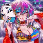  1girl :d asuka_(wrestler) bangs blue_hair breasts cleavage coat grin holding holding_mask kabuki lipstick long_sleeves looking_at_viewer makeup mask meowyin multicolored_hair nail_polish open_mouth pink_hair red_coat red_eyes red_nails short_hair smile solo teeth wrestling_outfit wwe 