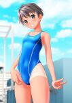  1girl absurdres black_hair blue_sky blue_swimsuit blurry blurry_background breasts brown_eyes cameltoe clothes_writing cloud commentary_request competition_swimsuit covered_navel cowboy_shot grin highleg highleg_swimsuit highres one-piece_swimsuit one-piece_tan original short_hair sky small_breasts smile solo striped striped_swimsuit swimsuit takafumi tan tanlines v 