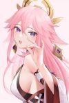  1girl :d absurdres animal_ears blush breasts fox_shadow_puppet from_behind genshin_impact gou_d hair_between_eyes hair_flaps halo highres large_breasts long_hair looking_at_viewer looking_back pink_hair purple_eyes sideboob smile solo upper_body yae_miko 