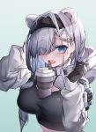  1girl absurdres animal_ears arknights aurora_(arknights) bear_ears black_gloves black_hairband blue_background blue_eyes blush breasts bubble_tea_challenge cup disposable_cup eyes_visible_through_hair gloves gradient gradient_background hair_ornament hair_over_one_eye hair_over_shoulder hairband hairclip hands_up highres hood hood_down large_breasts long_hair long_sleeves looking_at_viewer open_mouth qinshi-ji saliva shrug_(clothing) silver_hair solo sports_bra tongue tongue_out upper_body 