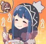  2girls =_= ^_^ bangs beanie black_headwear black_scarf blue_hair blush blush_stickers brown_outline chewing chibi chibi_inset chopsticks closed_eyes closed_mouth dark_blue_hair dot_nose eating eyebrows eyebrows_visible_through_hair eyelashes facing_viewer fingernails food from_side gradient gradient_background hair_between_eyes hair_ornament hairclip hands_up happy hat holding holding_chopsticks holding_plate kagamihara_nadeshiko long_sleeves multiple_girls no_nose orange_background outline patterned_clothing pink_hair plate pom_pom_(clothes) scarf shima_rin sidelocks smile solo_focus sparkle swept_bangs thick_eyelashes upper_body wavy_mouth white_outline yoru_nai yurucamp 