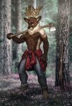  2022 absurd_res anthro axe bottomwear cervid clothing fist grass gun hi_res male mammal melee_weapon muscular muscular_anthro muscular_male pants pattern_clothing pgm300 plaid plaid_clothing plant ranged_weapon tree unguligrade_anthro weapon 