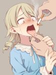  1boy 1girl blonde_hair cigarette constricted_pupils crying crying_with_eyes_open drill_hair idolmaster idolmaster_cinderella_girls morikubo_nono open_mouth ryona simple_background smoke tears tongue tongue_grab uccow wavy_eyes yellow_eyes 