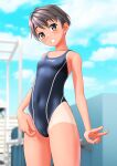  1girl absurdres black_hair black_swimsuit blue_sky blurry blurry_background breasts brown_eyes cameltoe clothes_writing cloud commentary_request competition_swimsuit covered_navel cowboy_shot grin highleg highleg_swimsuit highres one-piece_swimsuit one-piece_tan original short_hair sky small_breasts smile solo striped striped_swimsuit swimsuit takafumi tan tanlines v 