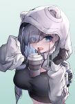  1girl absurdres animal_ears arknights aurora_(arknights) bear_ears black_gloves blue_background blue_eyes blush breasts bubble_tea_challenge cup disposable_cup ears_through_headwear eyes_visible_through_hair gloves gradient gradient_background hair_over_one_eye hair_over_shoulder hands_up highres hood hood_up large_breasts long_hair long_sleeves looking_at_viewer open_mouth qinshi-ji saliva shrug_(clothing) silver_hair solo sports_bra tongue tongue_out upper_body 