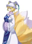  1girl blonde_hair blue_tabard commentary_request dress fox_tail frills hands_in_opposite_sleeves hat highres long_dress long_sleeves multiple_tails one-hour_drawing_challenge pillow_hat simple_background tabard tail tassel tohoyuukarin touhou white_background white_dress yakumo_ran yellow_eyes 