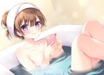  &gt;:) 1girl bangs bath bathing bathtub breasts brown_hair cellphone closed_mouth commentary_request eyebrows_visible_through_hair feet_out_of_frame hair_between_eyes hair_bun holding holding_phone knees_up looking_at_viewer medium_breasts nervous_smile original partially_submerged phone purple_eyes ripples shikitani_asuka smile solo towel twitter_username v-shaped_eyebrows water wavy_hair 