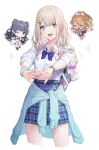  bangs blue_eyes blunt_bangs bracelet gyaru hair_ornament hairclip highres idolmaster idolmaster_shiny_colors jewelry long_hair open_mouth school_uniform scrunchie serizawa_asahi shiba_0 shirt shirt_tucked_in silver_hair skirt white_hair 