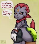  anthro athletic athletic_female bottomwear clothing crop_top dialogue drokmars female fitbit footwear hi_res knee_highs knee_socks legwear nintendo pok&eacute;mon pok&eacute;mon_(species) red_eyes sassy shirt shorts socks solo thick_thighs topwear video_games weavile wide_hips 