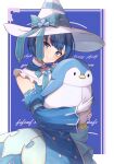  1girl absurdres bangs blue_bow blue_dress blue_eyes blue_hair bow commentary_request detached_sleeves dress gloves hat hat_bow head_tilt highres isana615 kiritani_haruka project_sekai short_hair smile solo stuffed_animal stuffed_penguin stuffed_toy white_gloves white_headwear witch_hat 