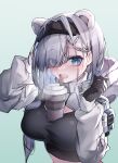  1girl absurdres animal_ears arknights aurora_(arknights) bear_ears black_gloves black_hairband blue_background blue_eyes blush breasts bubble_tea_challenge cup disposable_cup eyes_visible_through_hair gloves gradient gradient_background hair_ornament hair_over_one_eye hair_over_shoulder hairband hairclip hands_up highres hood hood_down large_breasts long_hair long_sleeves looking_at_viewer open_mouth qinshi-ji saliva shrug_(clothing) silver_hair solo sports_bra steaming_body tongue tongue_out upper_body 