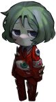  absurdres blue_eyes bone chibi closed_mouth coco_(556ch0cl8) collared_shirt colored_skin expressionless eyeball formal full_body green_hair highres jitome lobotomy_corporation necktie red_necktie red_suit shirt short_hair standing suit transparent_background white_shirt white_skin 