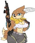  2_tails abs anthro belt blue_eyes breasts buizel claws clothed clothing dialogue digital_media_(artwork) dipstick_tail english_text female fin floatie freckles fur gloves gun handwear hi_res holding_gun holding_object holding_weapon humor looking_at_viewer mammal markings meta multi_tail multicolored_body multicolored_fur muscular muscular_female nintendo nipple_outline open_mouth pok&eacute;mon pok&eacute;mon_(species) pouch_(disambiguation) pretzie ranged_weapon shirt simple_background solo submachine_gun tactical_gear tail_markings talking_to_viewer tank_top text topwear two_tone_body two_tone_fur video_games weapon whiskers 
