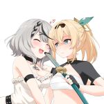  2girls absurdres bangs bare_shoulders black_hair blonde_hair blush braid breasts chest_sarashi cleavage closed_eyes closed_mouth commentary english_commentary face-to-face facing_another fang felutiahime green_eyes green_ribbon grey_hair hair_between_eyes hair_ribbon highres holding holding_sword holding_weapon hololive kazama_iroha looking_at_another medium_breasts medium_hair midriff multicolored_hair multiple_girls open_mouth ponytail ribbon sakamata_chloe sarashi shaded_face sheath sheathed single_braid small_breasts smile streaked_hair sword trembling upper_body virtual_youtuber weapon white_background 