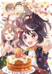  2boys 2girls absurdres animal_ears apron birthday birthday_cake black_hair brown_hair cake carrot food fork glasses hair_ornament happy_birthday highres horse_ears horse_girl horse_tail kitasan_black_(umamusume) multiple_boys multiple_girls pancake ponytail red_eyes rokico satono_diamond_(umamusume) tail umamusume white_hair 