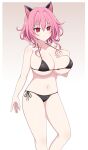  :3 absurdres animal_ears bangs bikini black_bikini breasts cat_ears cat_girl cleavage hair_between_eyes hair_intakes hand_on_own_chest highres huge_breasts ichiryuu_tsumiki looking_at_viewer navel neptune_(series) pink_eyes pink_hair senran_nin_nin_ninja_taisen_neptune:_shoujo-tachi_no_kyouen short_hair swimsuit yuuki_(senran_nin_nin_ninja_taisen_neptune_shoujo_no_kyouen) 