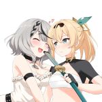  2girls absurdres bangs bare_shoulders black_hair blonde_hair blush braid breasts chest_sarashi cleavage closed_eyes closed_mouth face-to-face facing_another fang felutiahime green_eyes green_ribbon grey_hair hair_between_eyes hair_ribbon highres holding holding_sword holding_weapon hololive kazama_iroha looking_at_another medium_breasts medium_hair midriff multicolored_hair multiple_girls open_mouth ponytail ribbon sakamata_chloe sarashi sheath sheathed single_braid small_breasts smile streaked_hair sword trembling upper_body virtual_youtuber weapon white_background 