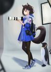  1girl animal_ears backpack bag bird black_footwear black_hair black_jacket blue_skirt blurry blurry_foreground camera full_body hair_ornament hairclip highres hood hood_down hooded_jacket jacket ko_tachi1104 original pantyhose penguin photo_shoot photographer purple_eyes shoes short_hair skirt sneakers standing tail triangle_hair_ornament zipper_pull_tab zoom_lens 