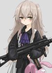  1girl bangs black_dress blush closed_mouth commentary cowboy_shot dress expressionless fuku_(fuku12290574) girls&#039;_frontline grey_background grey_hair gun h&amp;k_ump45 hair_between_eyes highres holding holding_gun holding_weapon long_hair long_sleeves official_alternate_costume one_side_up scar scar_across_eye scar_on_face simple_background solo ump45_(agent_lop_rabbit)_(girls&#039;_frontline) ump45_(girls&#039;_frontline) weapon younger 