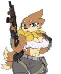  2_tails abs anthro belt blue_eyes breasts buizel claws clothed clothing digital_media_(artwork) dipstick_tail female fin floatie freckles fur gloves gun handwear hi_res holding_gun holding_object holding_weapon humor looking_at_viewer mammal markings meta_lee multi_tail multicolored_body multicolored_fur muscular muscular_female nintendo nipple_outline open_mouth pok&eacute;mon pok&eacute;mon_(species) pouch_(disambiguation) pretzie ranged_weapon shirt simple_background solo submachine_gun tactical_gear tail_markings tank_top topwear two_tone_body two_tone_fur video_games weapon whiskers 
