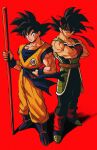  2boys absurdres armor bardock black_eyes black_hair dougi dragon_ball dragon_ball_(classic) dragon_ball_z father_and_son full_body highres holding holding_polearm holding_weapon looking_at_viewer male_focus monkey_tail multiple_boys muscular nyoibo polearm red_background relio_db318 saiyan saiyan_armor scar scar_on_face short_hair simple_background smile son_goku spiked_hair staff standing straight-on tail weapon 