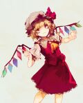  1girl ascot bangs blonde_hair blush bow closed_mouth commentary crystal eyebrows_visible_through_hair fang feet_out_of_frame flandre_scarlet frilled_shirt frilled_shirt_collar frilled_skirt frilled_sleeves frills grin hat hat_ribbon highres looking_at_viewer mob_cap puffy_short_sleeves puffy_sleeves red_bow red_eyes red_ribbon red_skirt red_vest ribbon shirt short_hair short_sleeves side_ponytail simple_background skirt skirt_set smile solo standing touhou vest wasabisuke wavy_hair white_background white_shirt wings yellow_ascot 