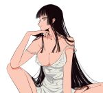  1girl areola_slip areolae bangs bare_legs bare_shoulders black_hair blunt_bangs breasts chemise cleavage collarbone covered_nipples dress elbow_rest eyelashes feet_out_of_frame grey_eyes head_rest hime_cut ichihara_yuuko knee_up large_breasts long_hair looking_at_viewer meypul7 profile sidelocks sideways_glance simple_background sitting sleeveless sleeveless_dress smile solo straight_hair strap_gap strap_slip white_background xxxholic 