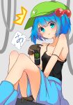  1girl absurdres between_legs black_camisole blue_eyes blue_footwear blue_hair blue_skirt boots brand_name_imitation breasts brown_gloves camisole can cleavage commentary_request energy_drink gloves hair_bobbles hair_ornament hand_between_legs hat highres inon kawashiro_nitori monster_energy open_mouth short_hair sitting skirt small_breasts solo strap_slip touhou two_side_up 