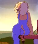  &lt;3 anthro blonde_hair blue_clothing bovid bovine butt button_(fastener) cattle clothing curled_hair ear_tag female fur hair highland_cattle hooves horn jazzy_(zaggiiee) landscape mammal orange_body orange_fur outside overalls overalls_only pink_nose sitting solo tailgate_(car_part) tailgating truck zaggiiee 