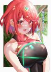  1girl :d absurdres bangs black_swimsuit bob_cut border breasts earrings highres jewelry looking_at_viewer one-piece_swimsuit open_mouth pyra_(pro_swimmer)_(xenoblade) pyra_(xenoblade) red_eyes red_hair short_sleeves slope_(check238) smile swimsuit tiara white_border xenoblade_chronicles_(series) xenoblade_chronicles_2 