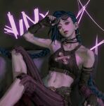  1girl arcane:_league_of_legends ateli_er bare_shoulders blue_hair braid breasts chair commentary_request feet_out_of_frame full_body gloves highres jinx_(league_of_legends) league_of_legends long_hair looking_at_viewer sitting small_breasts solo tattoo thighhighs twin_braids 
