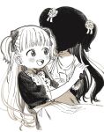  2girls :d apron bangs black_skin blush bow colored_skin commentary_request couple cowboy_shot crosshatching dot_nose emilico_(shadows_house) eyebrows_behind_hair flower greyscale hair_bow hair_flower hair_ornament hand_up hantsuki_(ichigonichiya) happy hatching_(texture) high_collar highres holding_hands kate_(shadows_house) linear_hatching long_hair looking_at_another looking_to_the_side maid_apron mixed_media monochrome multiple_girls open_mouth puffy_short_sleeves puffy_sleeves round_teeth shadow_(shadows_house) shadows_house short_sleeves silhouette simple_background sleeves_past_elbows smile tareme teeth tongue traditional_media two_side_up upper_teeth white_background yuri 