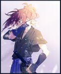  1boy arm_guards bangs black_border border breath bruise cold covered_mouth cowboy_shot floating_hair from_side grey_background hakama hand_up himura_kenshin holding holding_sword holding_weapon injury japanese_clothes katana kuo_tasuku long_hair male_focus motion_blur ponytail profile purple_eyes red_hair rurouni_kenshin short_sleeves snowing solo sword weapon wind wiping_face younger 