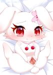  absurd_res anthro bed blush censored clovergame0 female flower_accessory fur furniture genitals hi_res ineffective_censorship jewelpet jewelry lagomorph legs_up leporid looking_at_viewer mammal mosaic_censorship necklace on_bed presenting presenting_pussy pussy rabbit red_eyes ruby_(jewelpet) sanrio solo spread_legs spread_pussy spreading white_body white_fur 